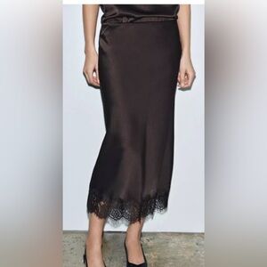 Zara Brown Satin Midi Skirt with Lace Hem